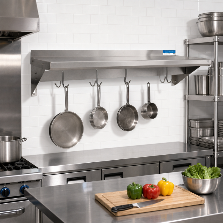 Product image #2 for 60 Inch Wall-Mount Stainless Steel Pot Rack Overshelf with 5 Hooks