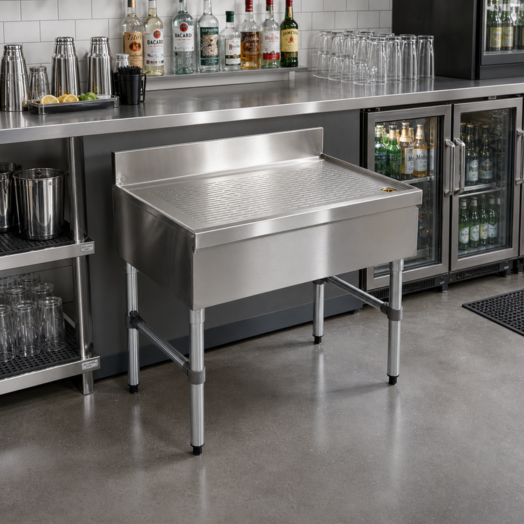 Product image #2 for Advance Tabco Special Value Series Free-Standing Stainless Steel Underbar Drainboard with 4-Inch Backsplash, 18 x 21 x 33 Inches