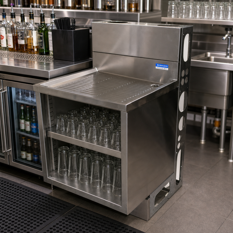 Product image #3 for BK Resources 48-Inch Underbar Glass Rack Cabinet with Drainboard Top, Open Front Base, Adjustable Shelf, and 3-Inch Backsplash