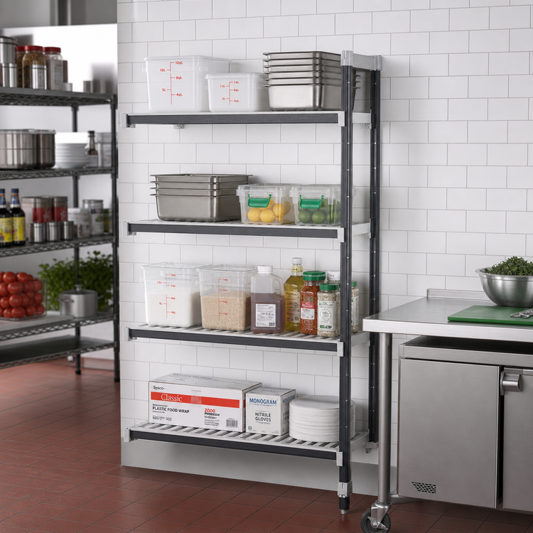 Product image #2 for Cambro Camshelving Elements XTRA 4-Shelf Vented Stationary Add-On Polymer Shelving Unit, 18" Deep x 36" Wide x 64" High, Speckled Gray