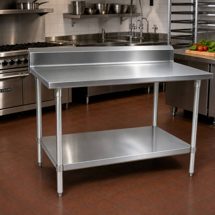 Product image #2 for BK Resources CVTR5-7230 72 Inch x 30 Inch 16-Gauge Stainless Steel Riser Work Table with 5 Inch Backsplash and Undershelf