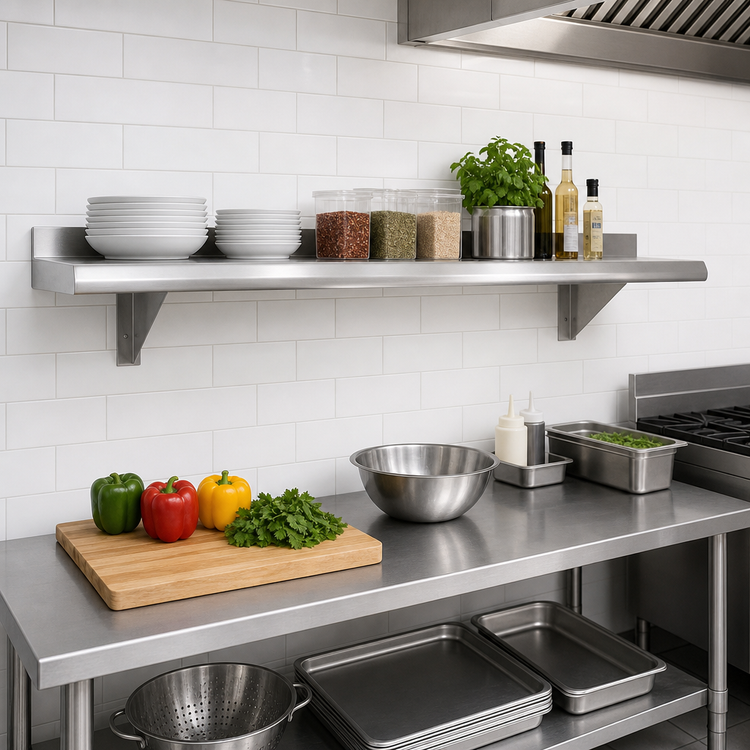 Product image #2 for Advance Tabco 108-Inch x 10-Inch Wall-Mounted Shelf, 18-Gauge 430 Stainless Steel, Satin Finish