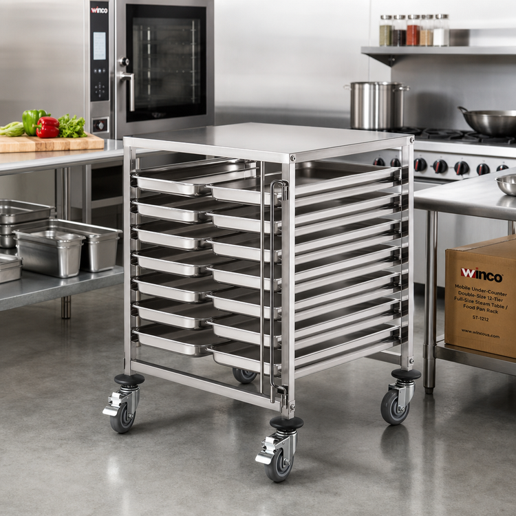 Product image #3 for Winco Mobile Under-Counter Double-Size 12-Tier Full-Size Steam Table / Food Pan Rack