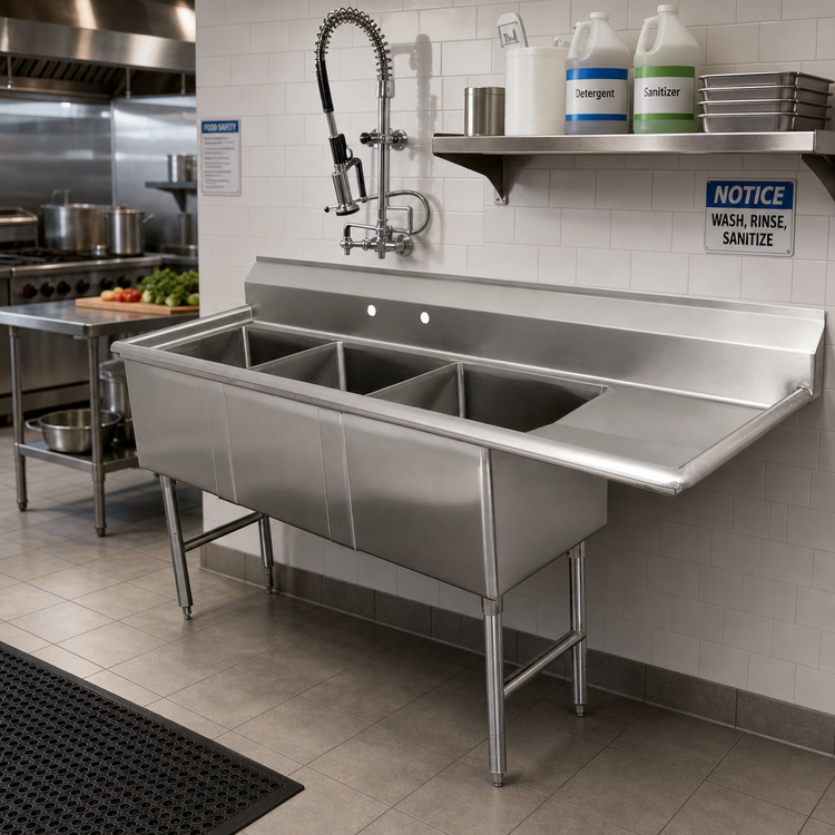 Product image #2 for Advance Tabco 3-Compartment Fabricated Sink with 18-Inch Right Drainboard, 18 x 24 x 14-Inch Bowls, 16-Gauge 304 Stainless Steel