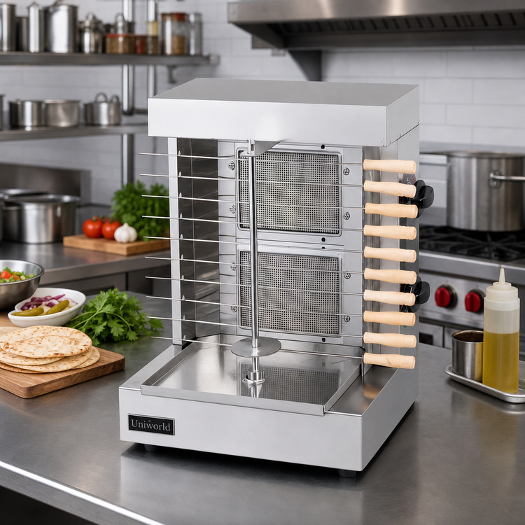 Product image #2 for Uniworld Mini Countertop Propane Vertical Broiler with 2 Burners and 10 Skewers