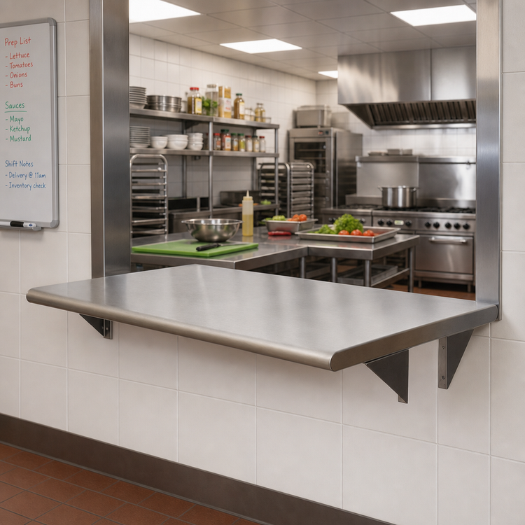 Product image #2 for BK Resources 36 x 24 Inch Pass Through Shelf with 8 Inch Max Wall Thickness and Stainless Steel Top