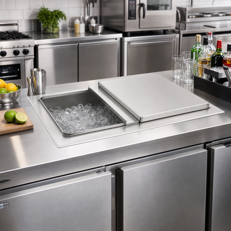 Product image #3 for John Boos Drop-In Insulated Stainless Steel Ice Bin with Sliding Lid and Drain, 28 x 18 x 12 Inches, Without Cold Plate
