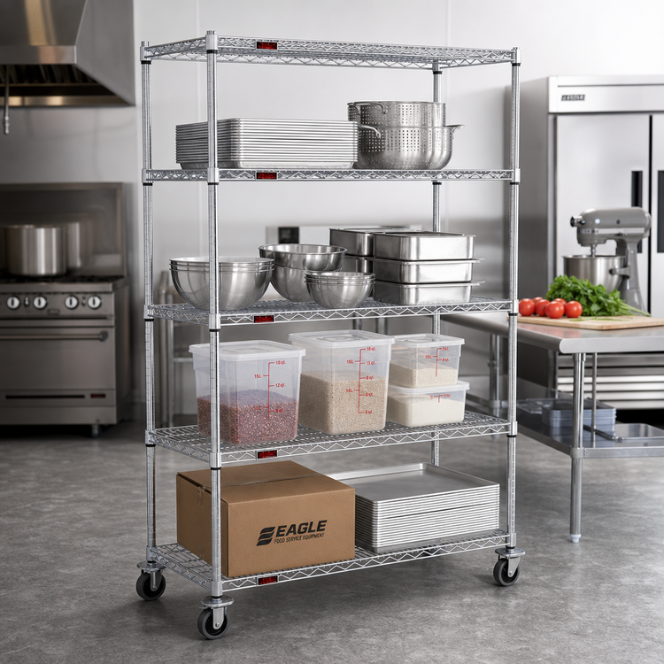 Product image #2 for Eagle Group 4-Tier Chrome Wire Shelving Dolly Truck, 60 x 21 Inch Shelves, 69 Inch High