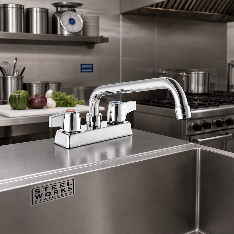 Product image #2 for Steel Works Stainless Deck Mount Manual Faucet with 4-Inch Centers and 12-Inch Swing/Swivel Spout