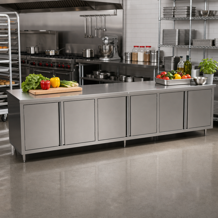 Product image #2 for John Boos Enclosed Stainless Steel Cabinet Base Work Table, 132 x 30 Inch, Flat Top, 3 Hinged Door Sets