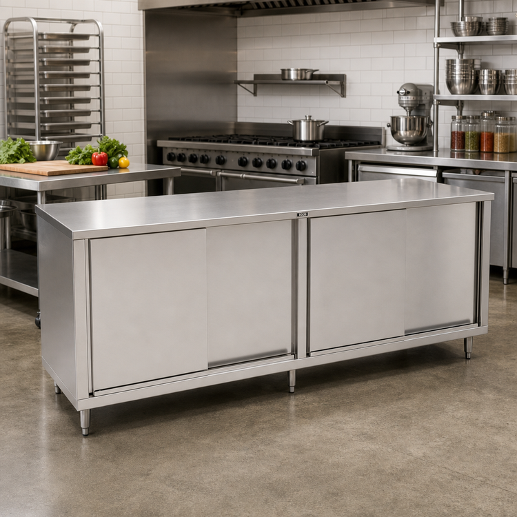 Product image #2 for John Boos Enclosed Work Table with Cabinet Base and Sliding Doors, 120 x 24 Inches, Flat Top
