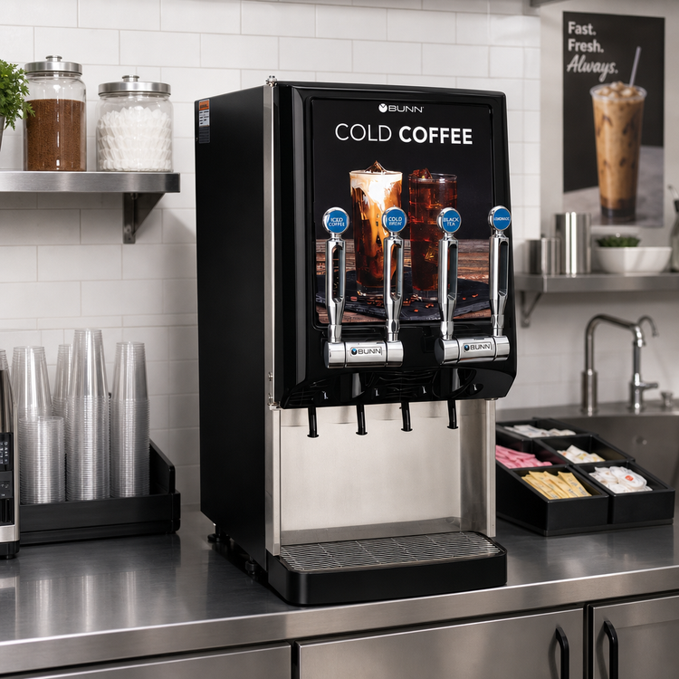 Product image #2 for BUNN Silver Series 4-Flavor Cold Beverage System with Lighted Door, Tap Handles, and Iced Coffee Display
