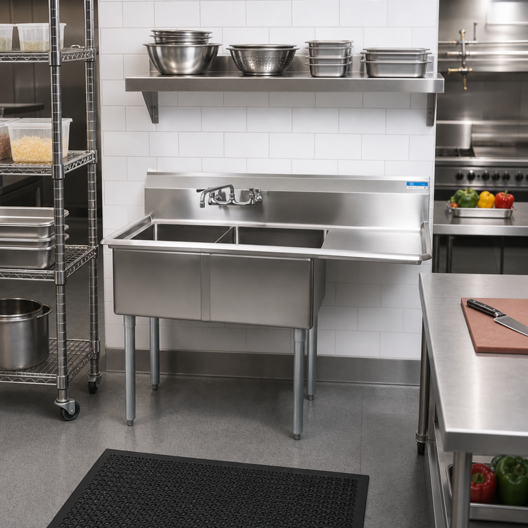 Product image #2 for BK Resources Two-Compartment Stainless Steel Sink with Right Drainboard, 24 Inches x 24 Inches x 14 Inches Bowls