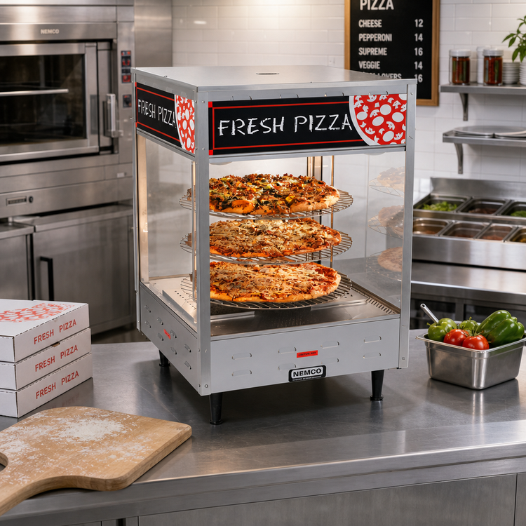 Product image #2 for Countertop Rotating Heated Pizza Merchandiser with 4 Tiers, 18-Inch Racks, and Tempered Glass Case