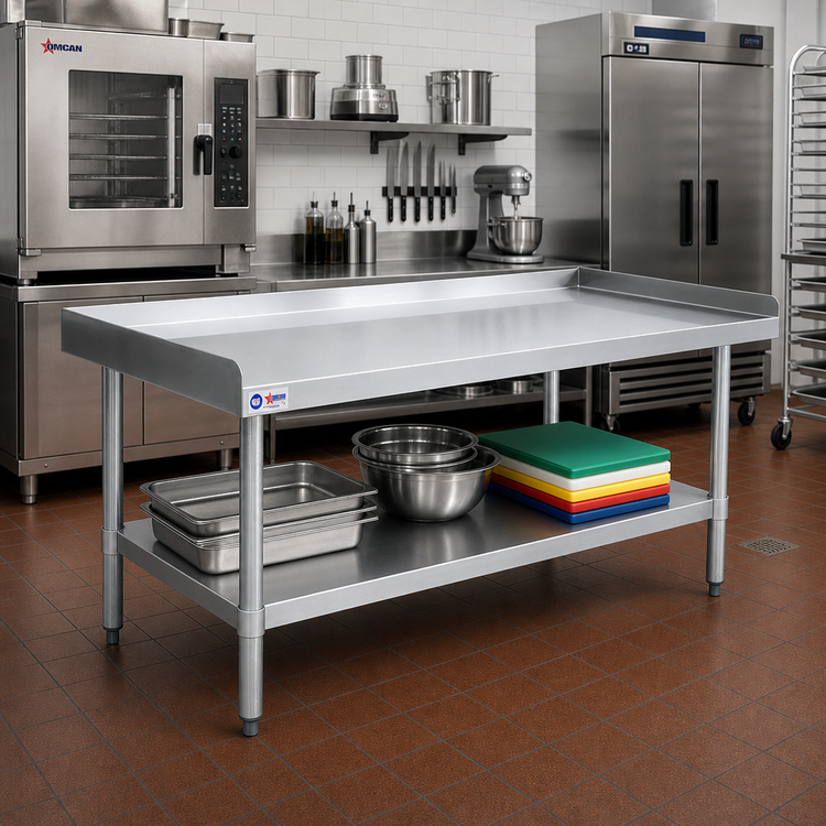 Product image #2 for Omcan Stainless Steel Equipment Stand, 60 x 30 Inch, with Undershelf and 2-Inch Rear/Side Upturn