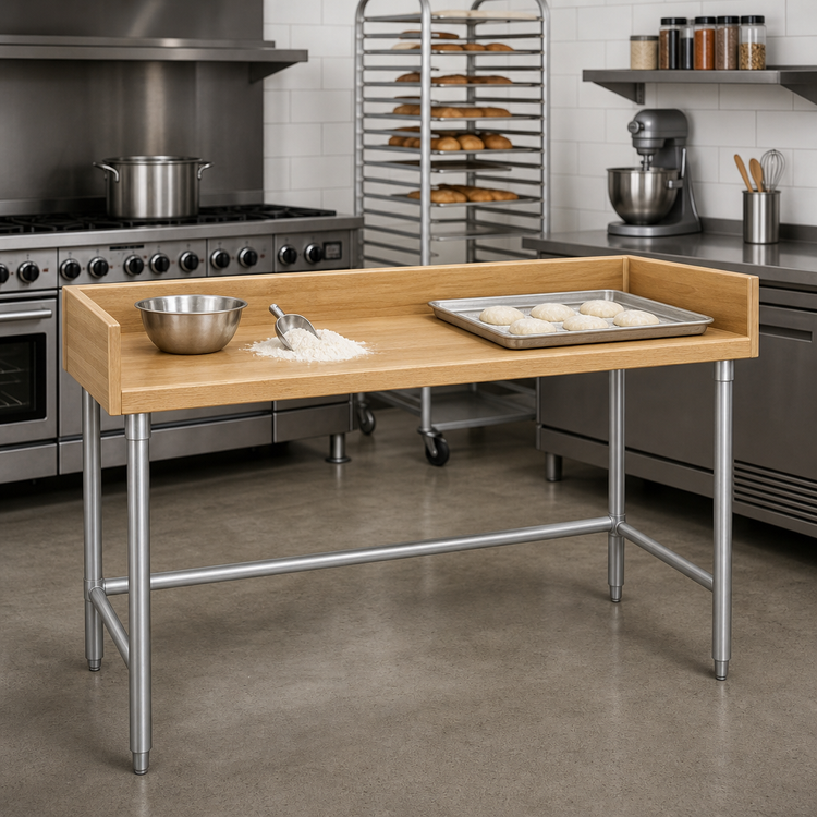 Product image #2 for Advance Tabco TBS-304 Bakers' Top Work Table with 1-3/4-Inch Wood Top, 48 x 30 Inches, 4-Inch Backsplash and Stainless Steel Base