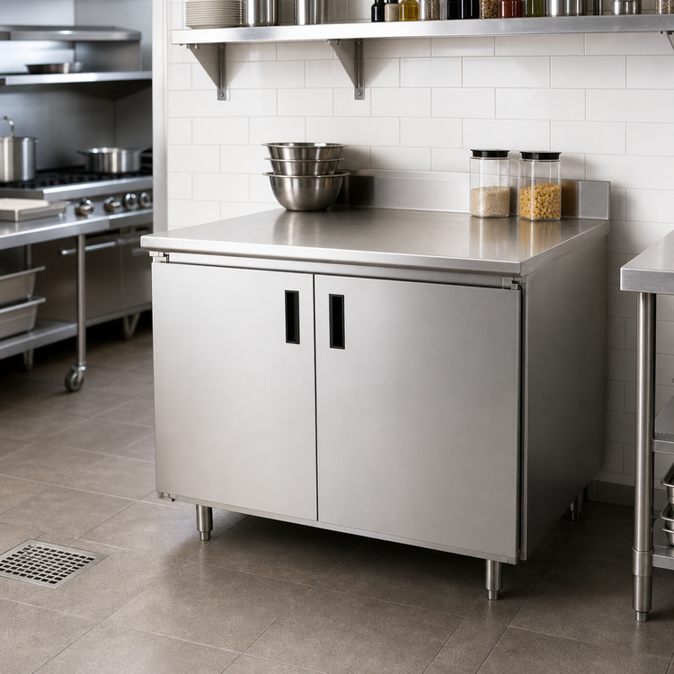 Product image #2 for Advance Tabco Special Value Enclosed Work Table with Cabinet Base, 36 x 30 Inches, 16 Gauge 304 Stainless Steel Top, 5 Inch Backsplash