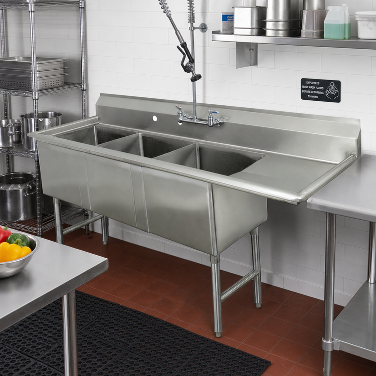 Product image #2 for Advance Tabco 3-Compartment Fabricated Sink with 18-Inch Right Drainboard, 16 Gauge 304 Stainless Steel