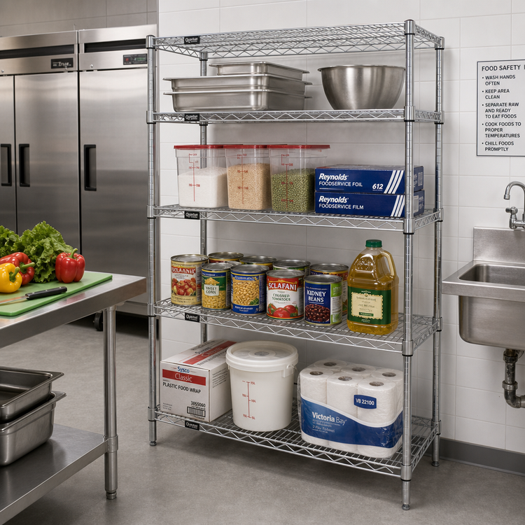Product image #2 for Quantum 4-Shelf Stationary Wire Shelving Starter Kit, 30" W x 21" D x 74" H, Chrome Plated