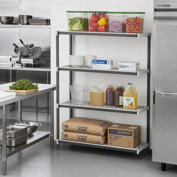 Product image #2 for Cambro Camshelving Elements XTRA 4-Tier Stationary Add-On Shelving Unit, 24"W x 18"D x 72"H, Vented, Speckled Gray