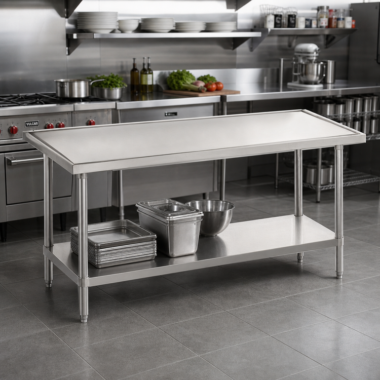 Product image #2 for Advance Tabco 60" x 30" 14-Gauge 304 Stainless Steel Flat Top Work Table with Adjustable Undershelf and Countertop Edge