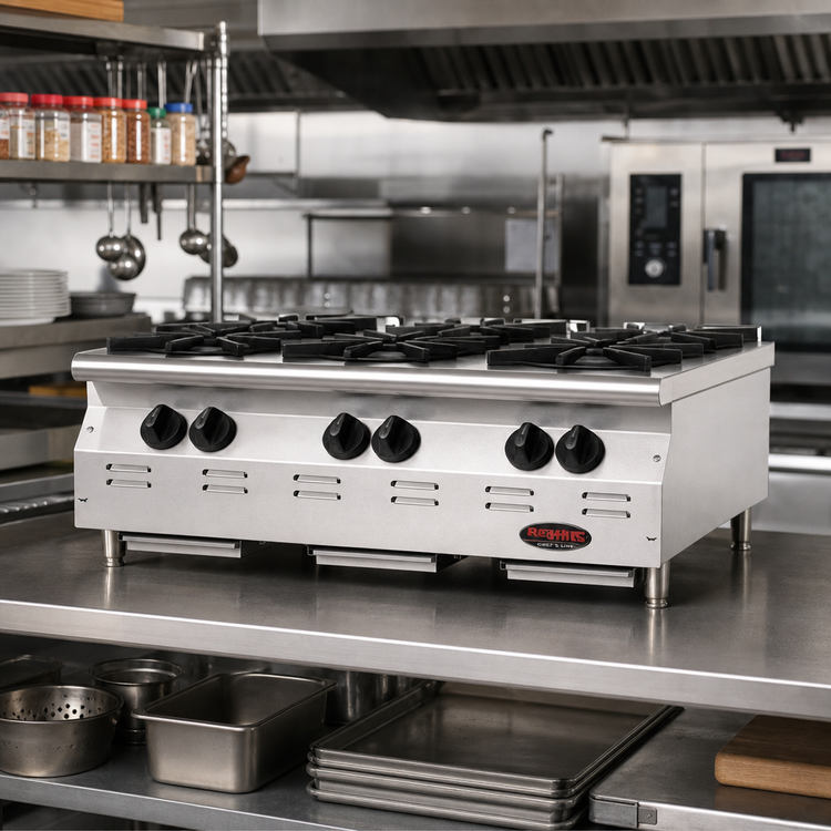 Product image #2 for RedHots Chef's Line 36-Inch 6-Burner Countertop Gas Hot Plate, Natural Gas, Stainless Steel Front