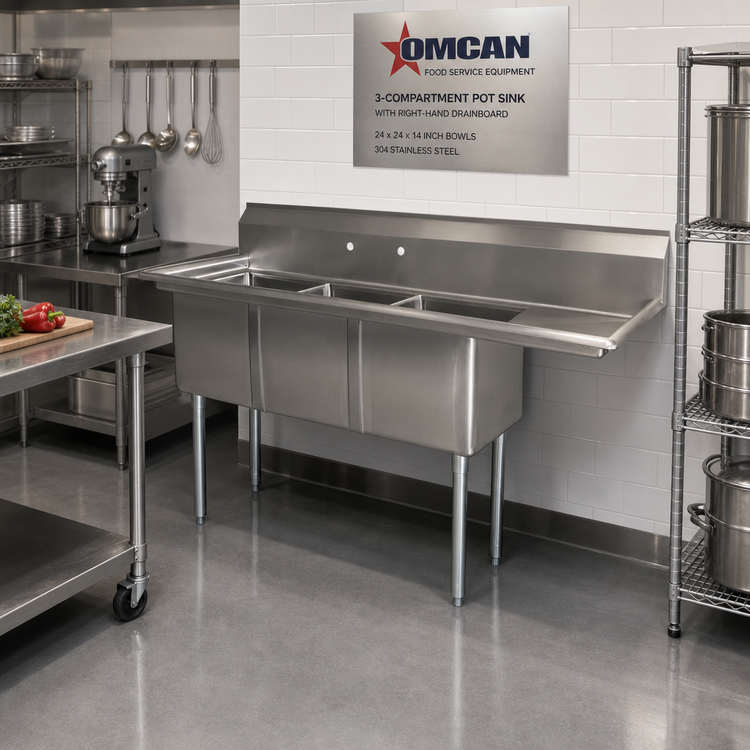 Product image #2 for Omcan USA 3-Compartment Pot Sink with Right-Hand Drainboard, 24 x 24 x 14 Inch Bowls, 304 Stainless Steel