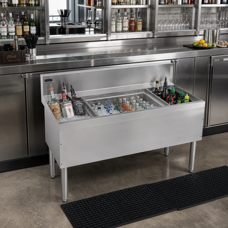 Product image #2 for Advance Tabco Prestige Supreme 48-Inch Stainless Steel Bar Ice Bin with Left and Right Bottle Racks, No Cold Plate