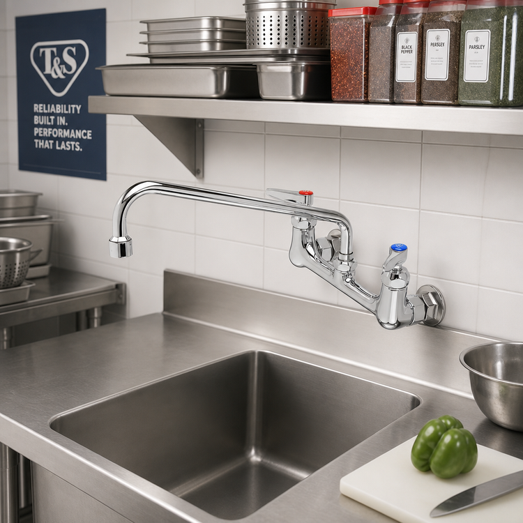 Product image #2 for T&S Brass Wall-Mount Mixing Faucet with 12-Inch Swing Nozzle and 8-Inch Adjustable Centers