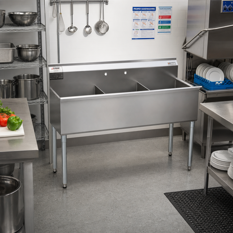 Product image #2 for Eagle Group 49-3/8-Inch Three-Compartment Utility Sink, 16-Gauge 430 Stainless Steel, No Drainboards
