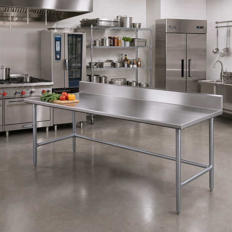 Product image #2 for Advance Tabco TKSS-3612 144 Inch x 36 Inch 14 Gauge 304 Stainless Steel Work Table with 5 Inch Backsplash