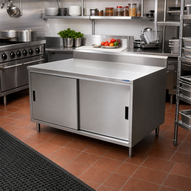 Product image #2 for 48-Inch x 24-Inch Stainless Steel Chef Table with Cabinet Base, Sliding Doors, and 5-Inch Backsplash