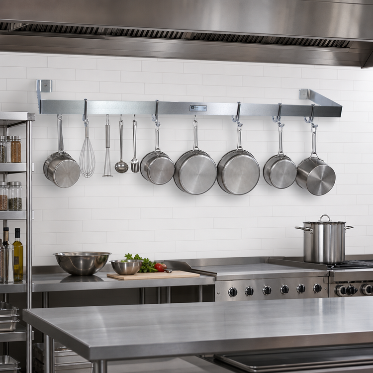 Product image #2 for John Boos Wall-Mount Stainless Steel Single-Bar Pot Rack with 8 Double Hooks, 96 Inch