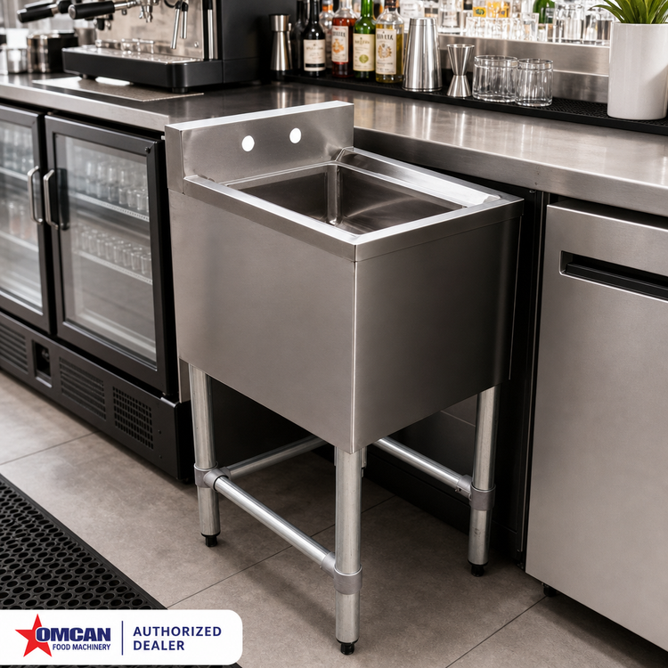 Product image #2 for Omcan USA 1-Compartment Under Bar Sink with 10 x 14 x 10 Inch Bowl, 3 Inch Backsplash, No Drainboard, and Galvanized H-Frame Legs