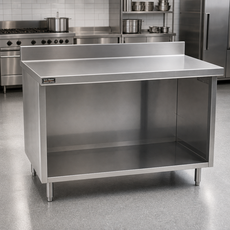 Product image #2 for Spec-Master Marine Series 120-Inch Stainless Steel Work Table with Open Front Cabinet Base and 4-1/2-Inch Backsplash