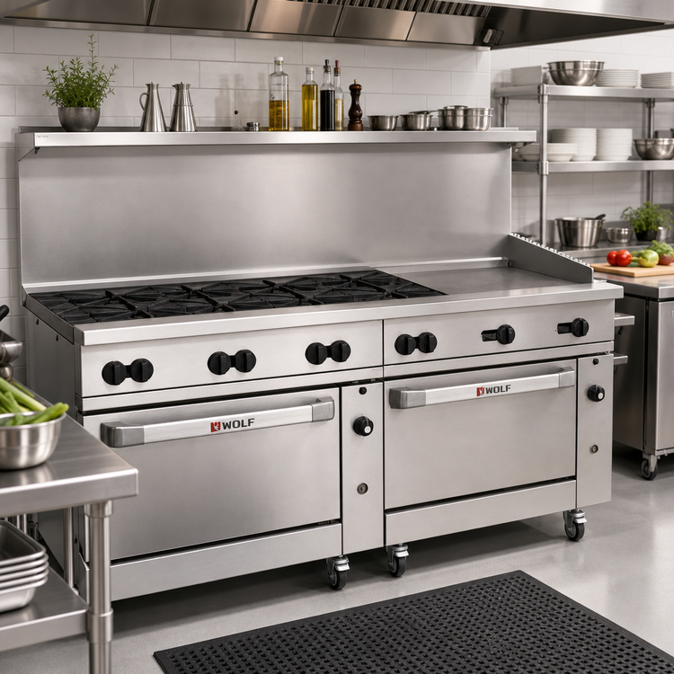 Product image #2 for Wolf Challenger XL 72-Inch Gas Restaurant Range with 8 Open Burners, 24-Inch Griddle, and 2 Convection Ovens