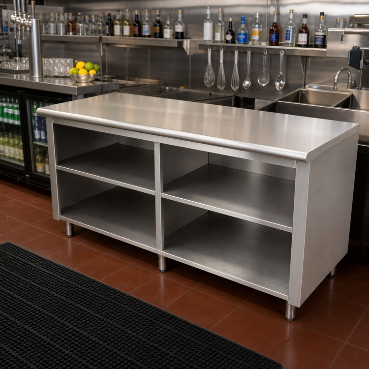 Product image #2 for Advance Tabco 120-Inch Open Front Cabinet Base Underbar Work Table with Mid-Shelf and 14-Gauge 304 Stainless Steel Top