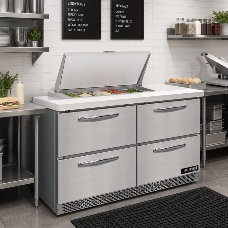 Product image #2 for Continental Refrigerator D48N12M-FB-D Designer Line 48" 2-Section Mighty Top Refrigerated Sandwich Prep Table with Drawers