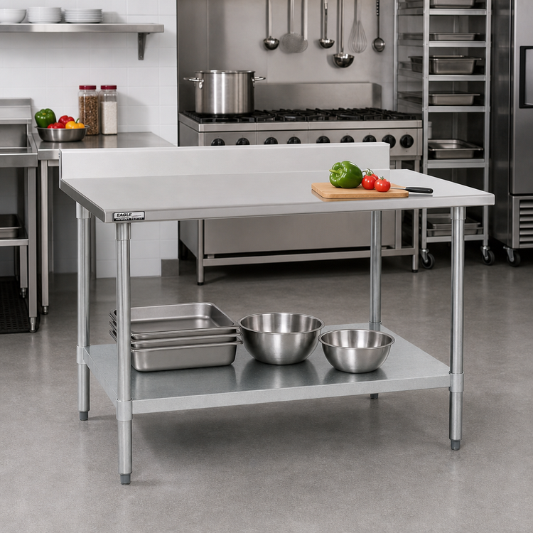 Product image #2 for Eagle Group Budget Series 60 Inch x 30 Inch Backsplash Work Table with 430 Stainless Steel Top and Galvanized Undershelf