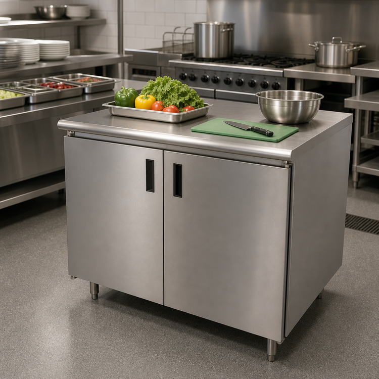 Product image #2 for Advance Tabco Special Value Series Enclosed Work Table with Cabinet Base, Mid-Shelf and Hinged Doors, 36 x 30 Inches, 16-Gauge 304 Stainless Steel Top