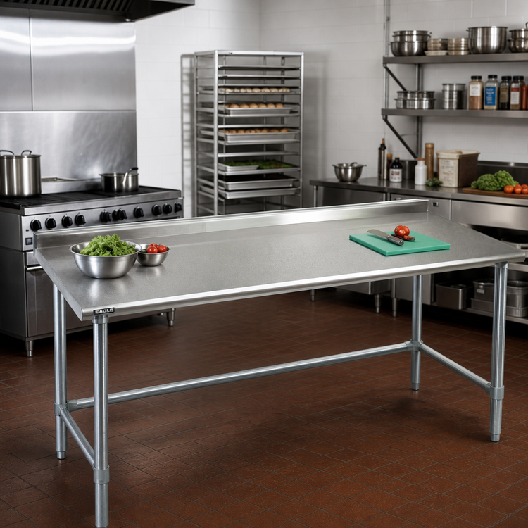 Product image #2 for Eagle Spec-Master 108" x 36" 14-Gauge 300 Series Stainless Steel Work Table with 1-1/2" Rear Upturn and Galvanized Tubular Base