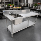 Thumbnail image #2 for Serv-Ware TSF-3060-L 60-Inch Left Sink Table, Single Bowl, 16-Gauge 304 Stainless Steel Top, 5-Inch Backsplash, Faucet Included