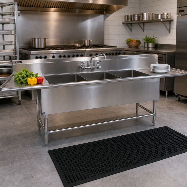 Product image #2 for John Boos Pro-Bowl 3-Compartment Sink with 30-Inch Left and Right Drainboards, 18" x 24" x 12" Bowls, 14-Gauge Stainless Steel