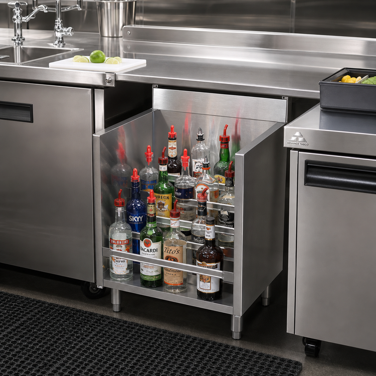 Product image #2 for Advance Tabco Underbar Basics Five-Step Freestanding Stainless Steel Liquor Bottle Display Unit, 18-Inch Wide, 20-Bottle Capacity