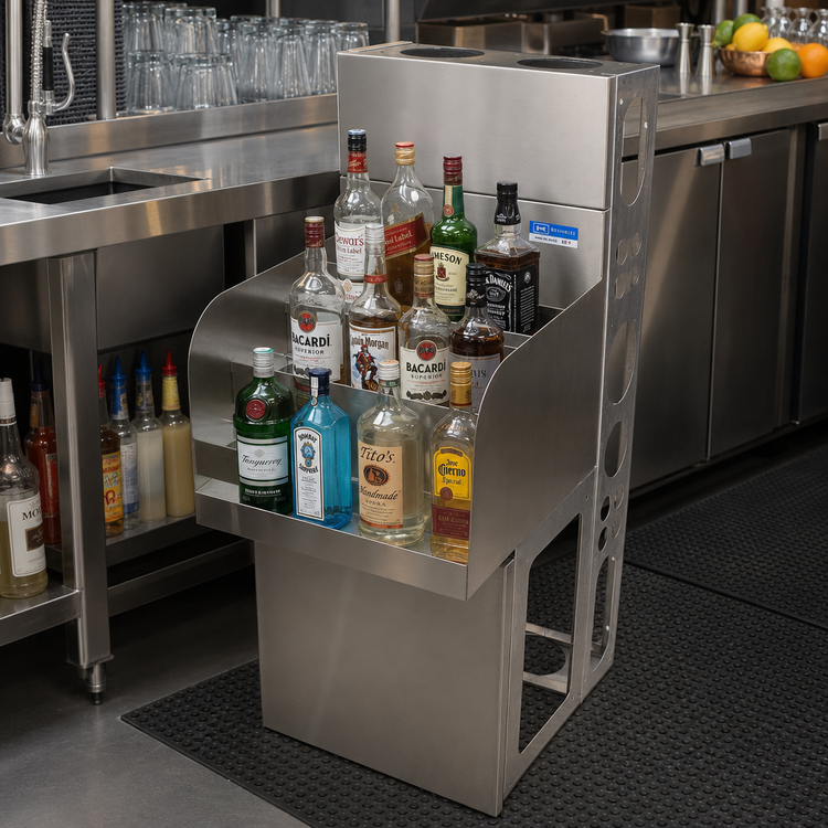Product image #2 for BK Resources Freestanding Underbar Liquor Bottle Display Unit, 4-Step, 13-Bottle Capacity, 304 Stainless Steel