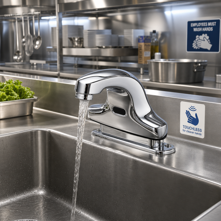 Product image #2 for Equip Touchless Electronic Sensor Deck-Mount Faucet with Mixing Valve, 4-Inch Centers, 0.5 GPM, Chrome-Plated Brass