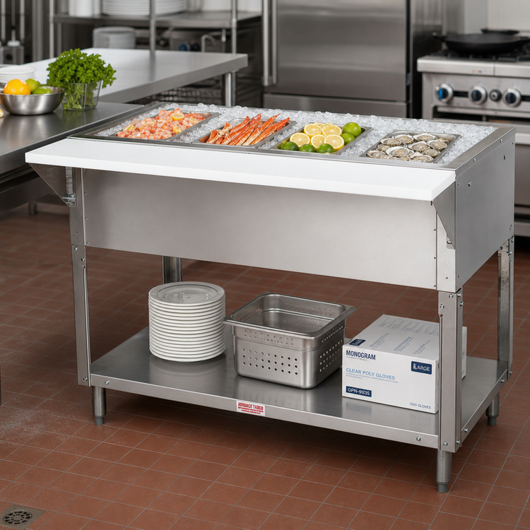 Product image #2 for Advance Tabco Triumph (Supreme) Stationary Ice Cooled Serving Counter with 4-Pan Capacity and Cutting Board