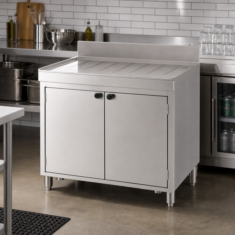 Product image #2 for Advance Tabco Underbar Basics 48-Inch Stainless Steel Drainboard Cabinet Base with Mid-Shelf and 2 Doors