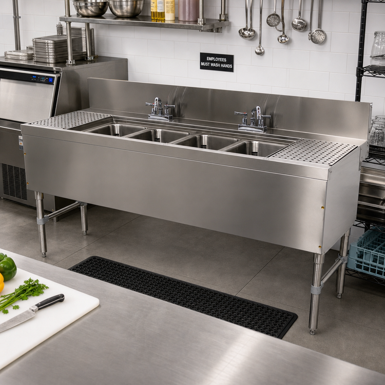 Product image #2 for Prestige Supreme 4-Compartment Stainless Steel Underbar Sink Unit with Drainboards and Deck-Mount Faucets, 84 x 25 Inches