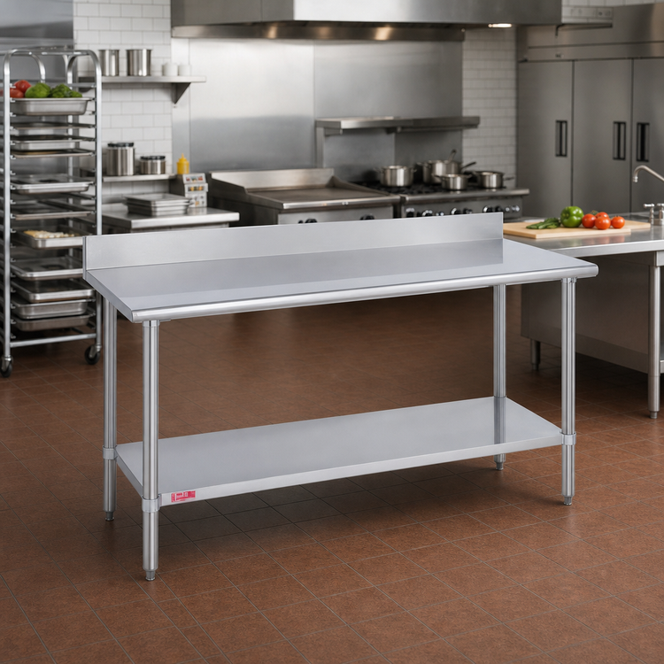 Product image #2 for Duke 84-Inch x 36-Inch 16-Gauge 300 Series Stainless Steel Work Table with 5-Inch Riser, Stainless Undershelf, and Posts